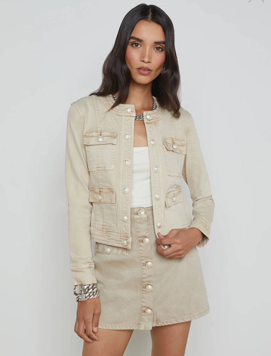 L’AGENCE Yari Collarless Jacket in Biscuit