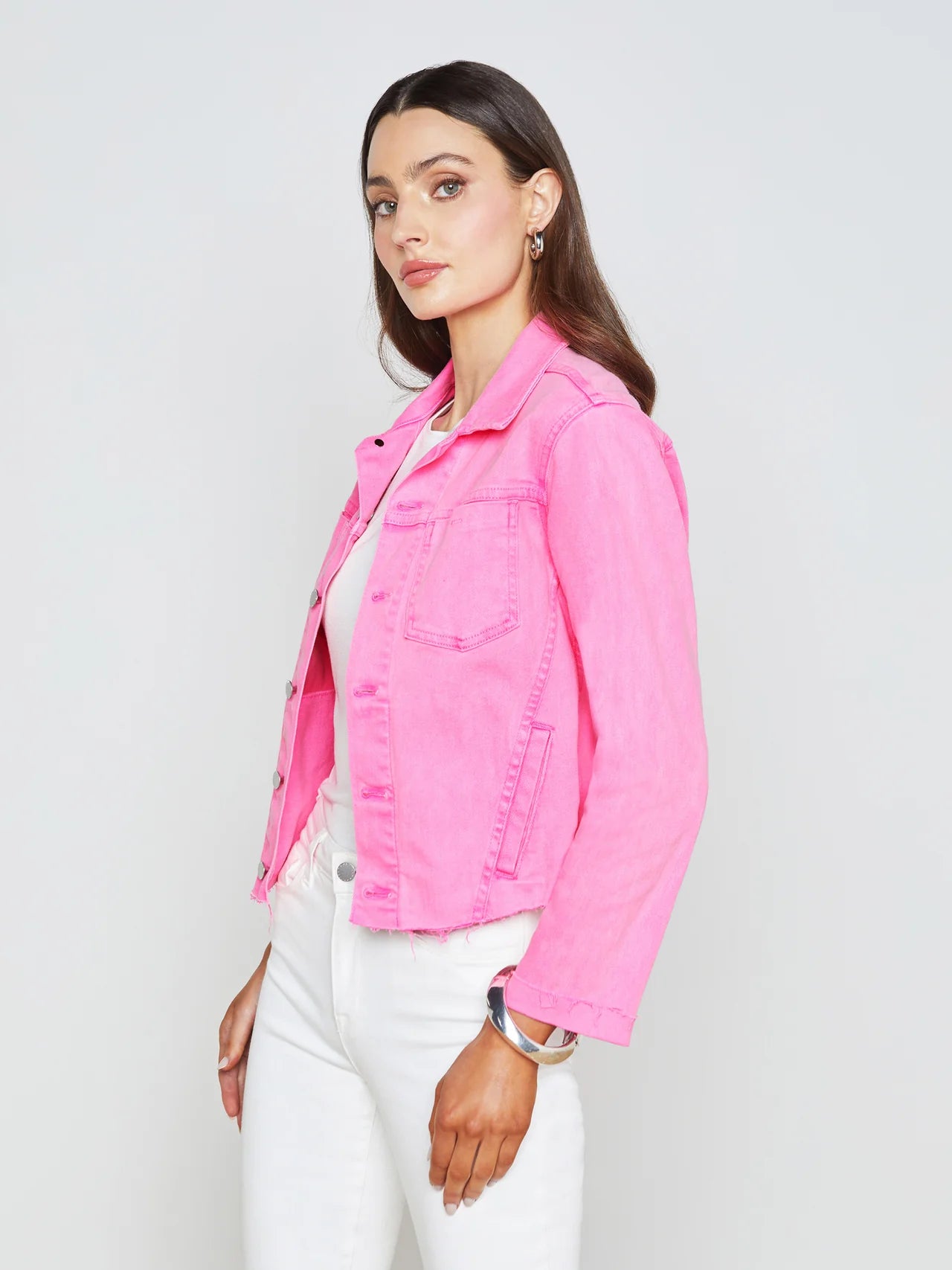 L’AGENCE Janelle Denim Jacket in Shocking Pink