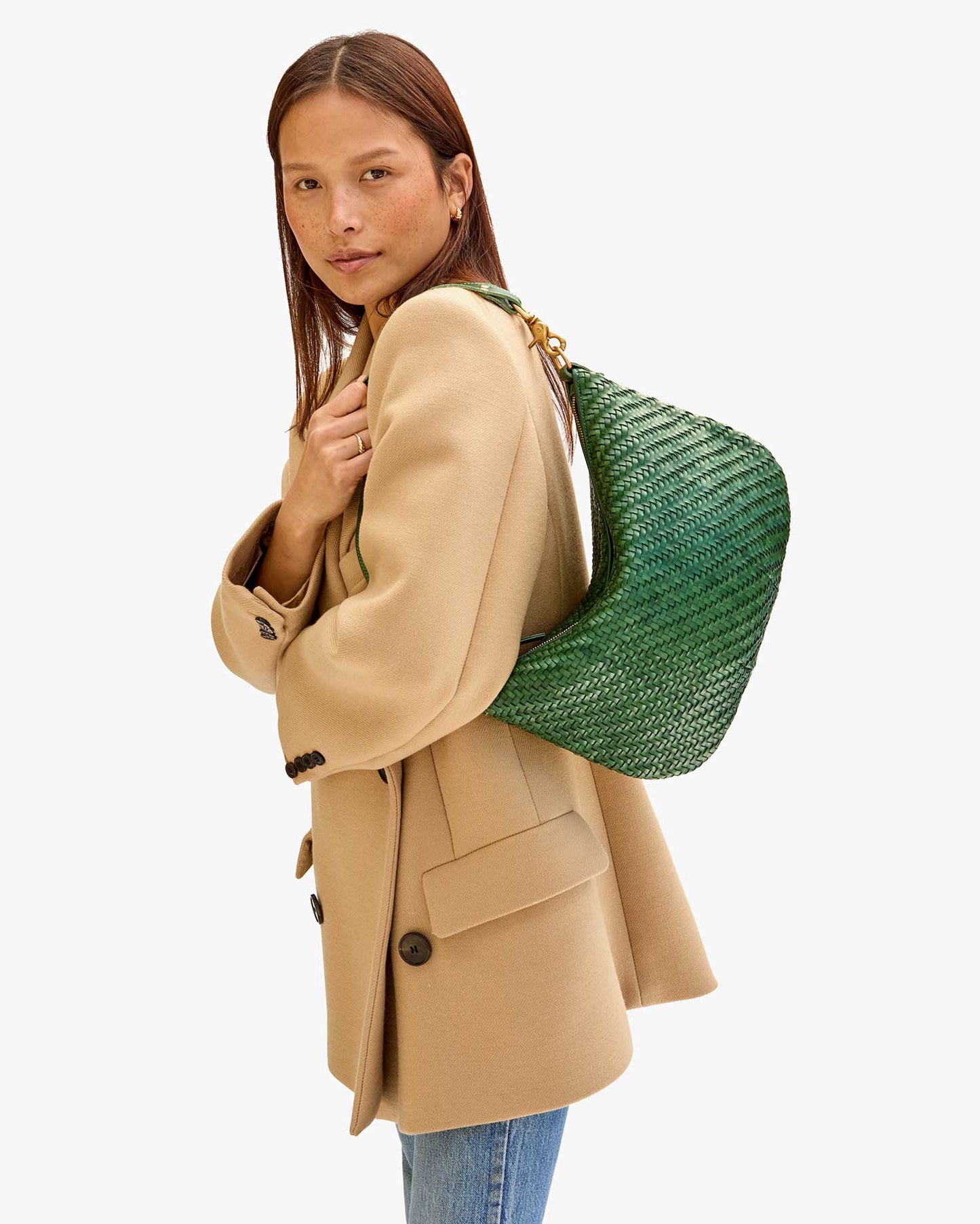 CLARE V Moyen Messenger Evergreen Woven